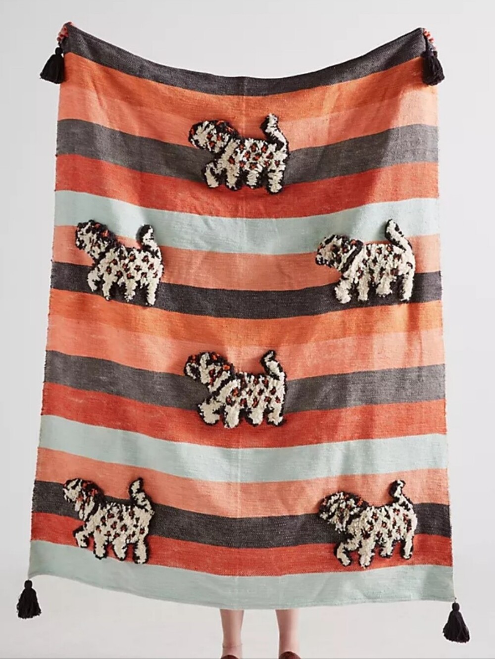 Anthropologie Richmond Throw Striped Tassel Tufted Dog Blanket Coral Gray 50x60